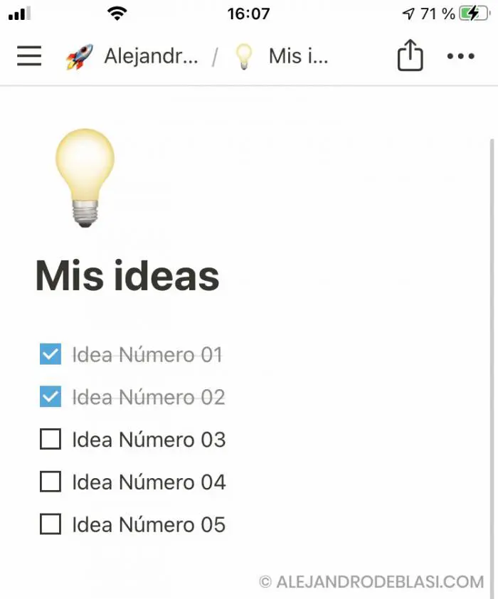 Lista de ideas en Notion
