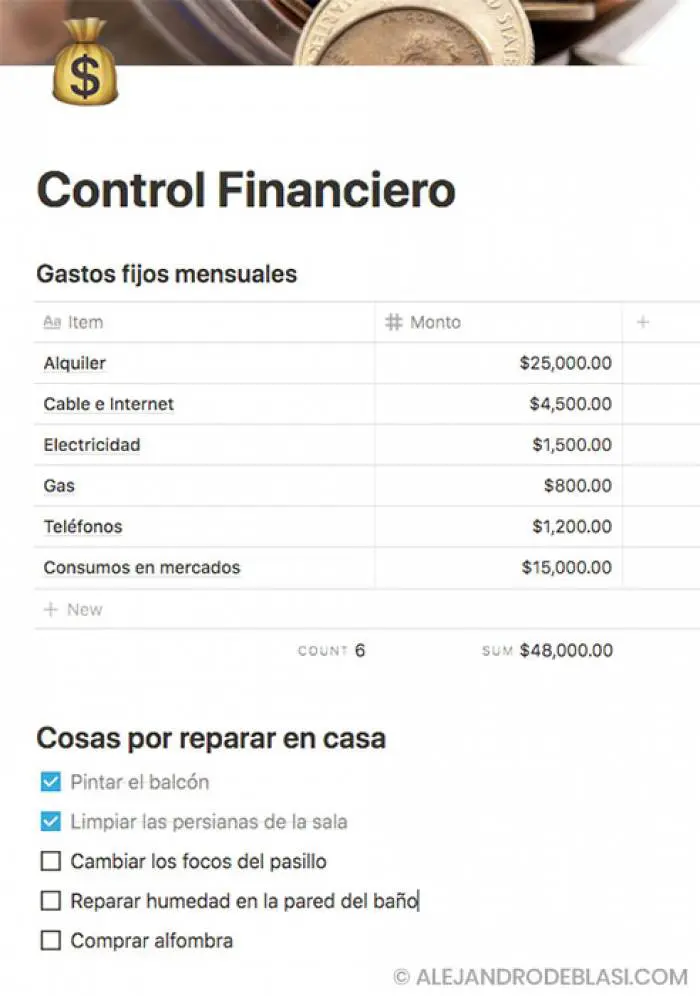 Control de gastos creado en Notion